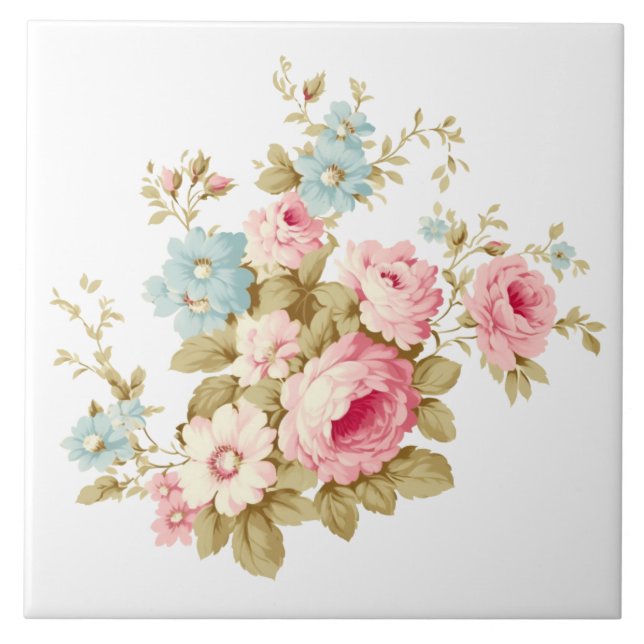 Girly Feminine Vintage Pink Roses Ceramic Tile (Front)