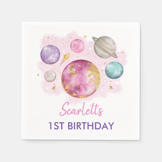 Girly First Trip Around the Sun Birthday Party Napkin (Front)