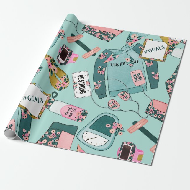 Girly Fitness Pattern Wrapping Paper (Unrolled)