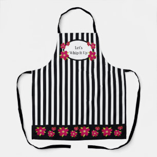 Girly Floral Accented Black and White Stripe Apron