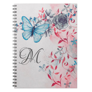 Girly Floral Black Blue Butterfly Monogram  Notebook