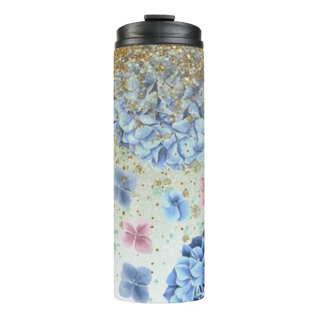 *~* Girly Floral Blue Pink Hydrangea Glitter Thermal Tumbler (Front)