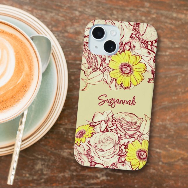 Girly Floral Custom Name Yellow Daisy Flower iPhone 15 Case (This easy to personalize floral phone case is a sweet gift idea for any special occasion. )