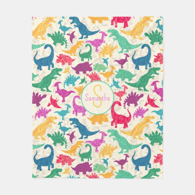Girly Floral Dinosaur Silhouette Girls Fleece Blanket (Front)