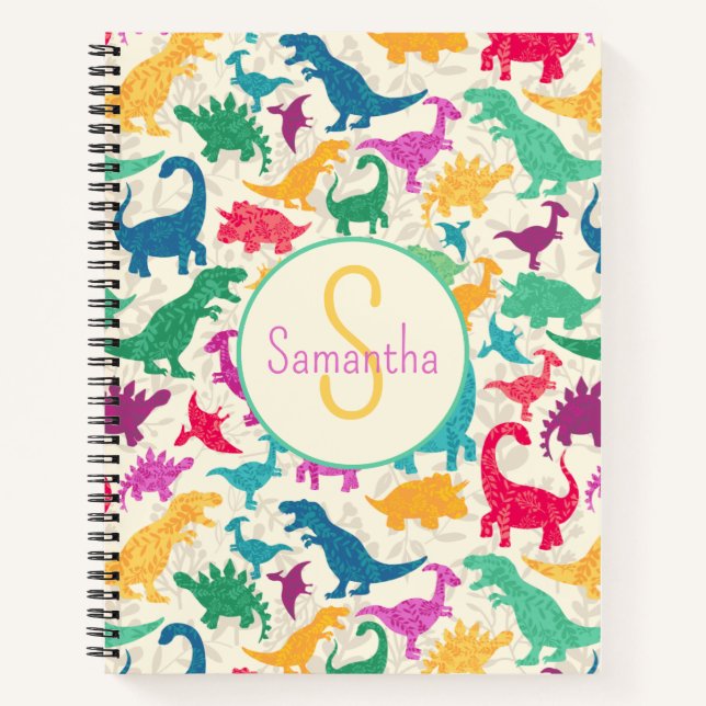 Girly Floral Dinosaur Silhouette Girls Notebook (Front)