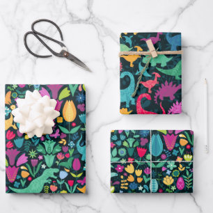 Girly Floral Dinosaur Silhouette Maximal Folk Wrapping Paper Sheet