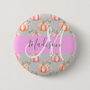 Girly Floral Gray Pink Peach Pumpkin Monogram Name 6 Cm Round Badge