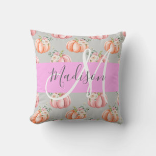 Girly Floral Gray Pink Peach Pumpkin Monogram Name Cushion