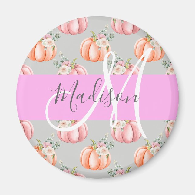 Girly Floral Gray Pink Peach Pumpkin Monogram Name Magnet (Front)