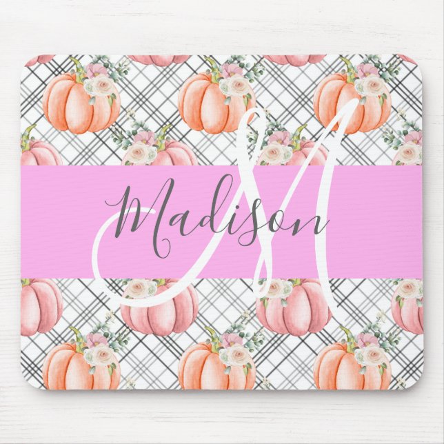 Girly Floral Gray Pink Peach Pumpkin Monogram Name Mouse Pad (Front)