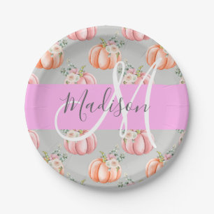 Girly Floral Gray Pink Peach Pumpkin Monogram Name Paper Plate