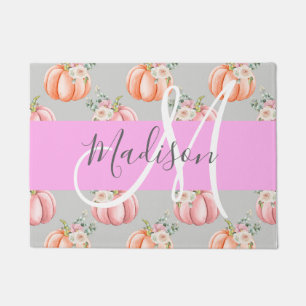Girly Floral Grey Pink Peach Pumpkin Monogram Name Doormat