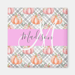 Girly Floral Grey Pink Peach Pumpkin Monogram Name Magnet