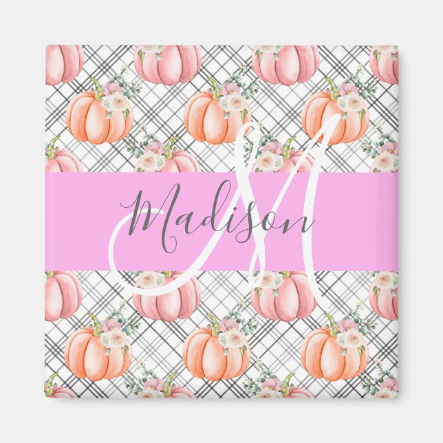 Girly Floral Grey Pink Peach Pumpkin Monogram Name Magnet (Front)