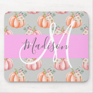 Girly Floral Grey Pink Peach Pumpkin Monogram Name Mouse Pad