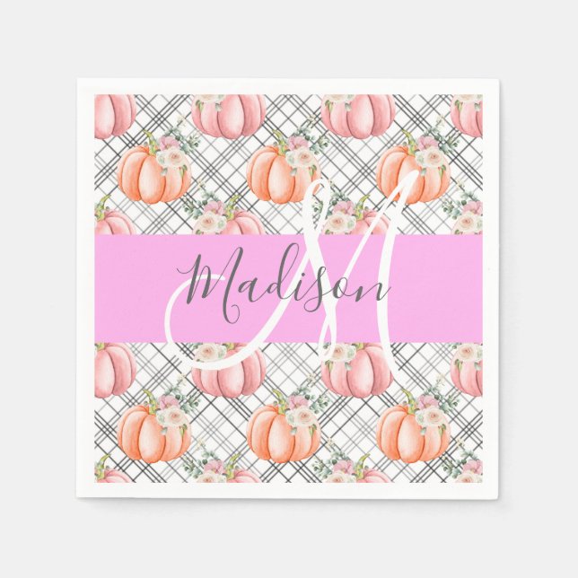 Girly Floral Grey Pink Peach Pumpkin Monogram Name Napkin (Front)
