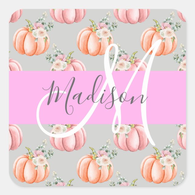 Girly Floral Grey Pink Peach Pumpkin Monogram Name Square Sticker (Front)
