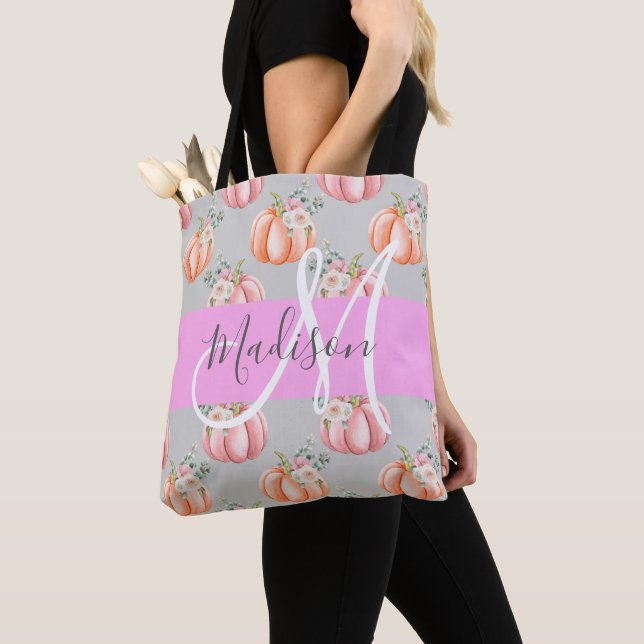 Girly Floral Grey Pink Peach Pumpkin Monogram Name Tote Bag (Close Up)