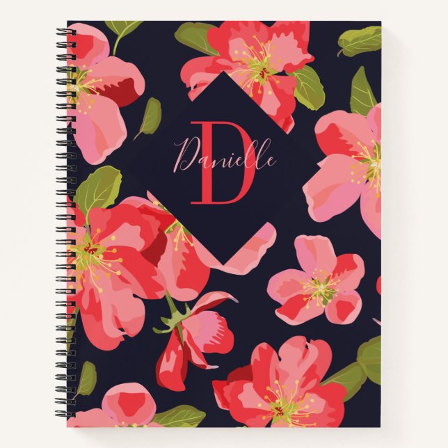 Girly Floral Navy Blue Monogram Name Notebook (Front)