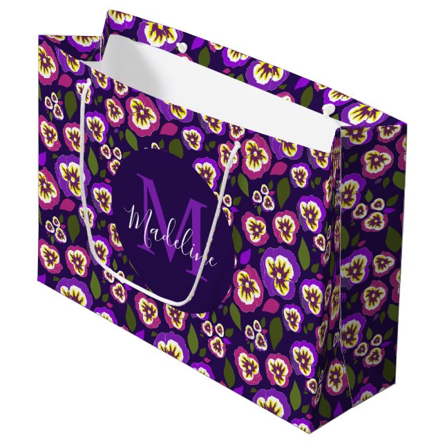 Girly Floral Pansies Pattern Purple Monogram Large Gift Bag (Front Angled)