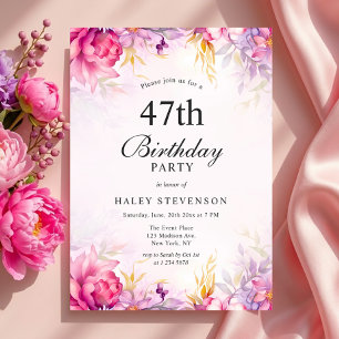 Girly Floral Pastel Watercolor Chic 47th Birthday Invitation