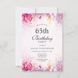 Girly Floral Pastel Watercolor Chic 65th Birthday Invitation