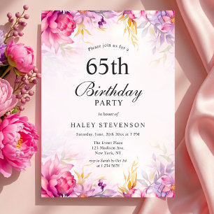 Girly Floral Pastel Watercolor Chic 65th Birthday Invitation