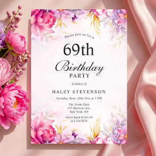 Girly Floral Pastel Watercolor Chic 69th Birthday Invitation