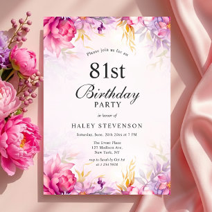 Girly Floral Pastel Watercolor Chic 81st Birthday Invitation