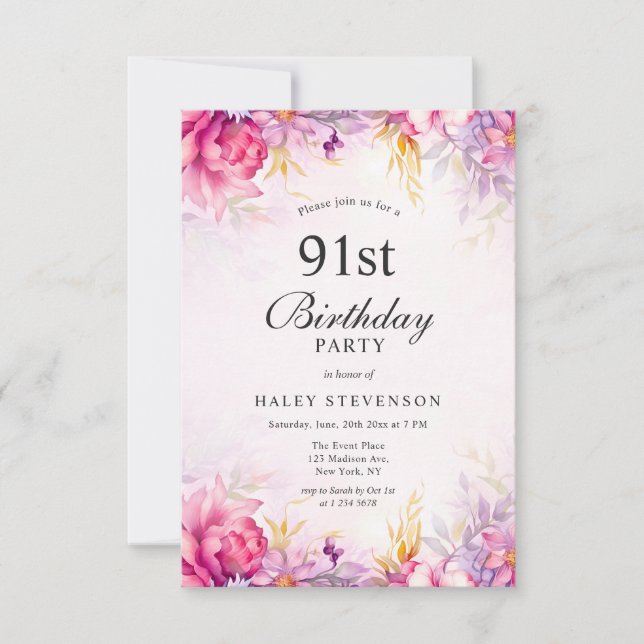 Girly Floral Pastel Watercolor Chic 91st Birthday Invitation (Front)