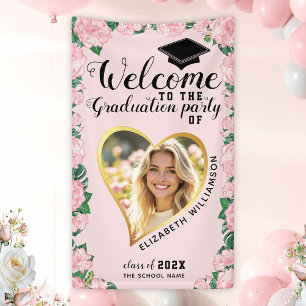 Girly Floral Pink Graduation Custom Photo Welcome Banner