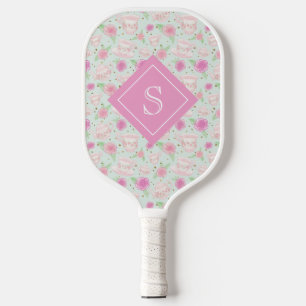 Girly Floral Pink Tea Cups Pattern Personalised Pickleball Paddle