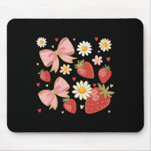 Girly Floral Strawberry Summer Fruit Coquette Bow Mouse Pad