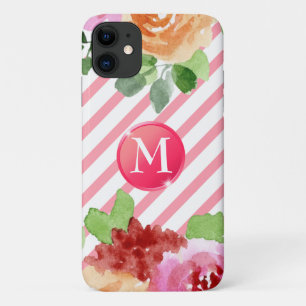 Girly Floral Stripes Monogram Personalised Custom iPhone 11 Case