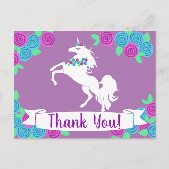 Girly Floral Unicorn & Flowers Thank You Postcard (Front)