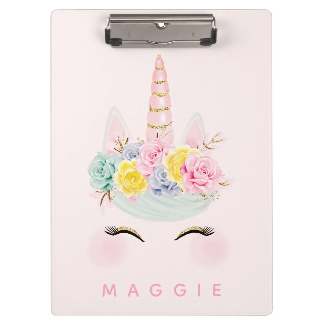 Girly Floral Unicorn Pink Gold Personalised Clipboard (Front)