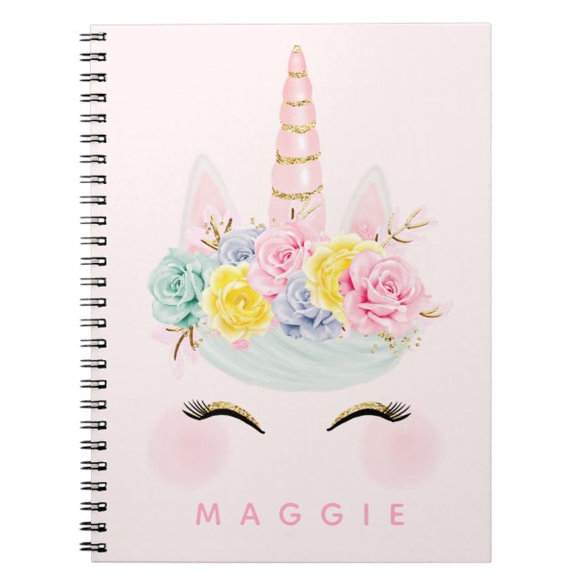 Girly Floral Unicorn Pink Gold Personalised Notebook (Front)