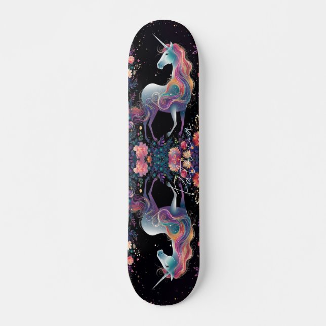 Girly Floral Unicorn Rainbow Colours Skateboard (Front)