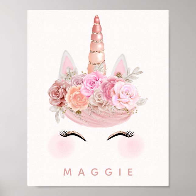 Girly Floral Unicorn Rose Gold Personalised Poster (Front)