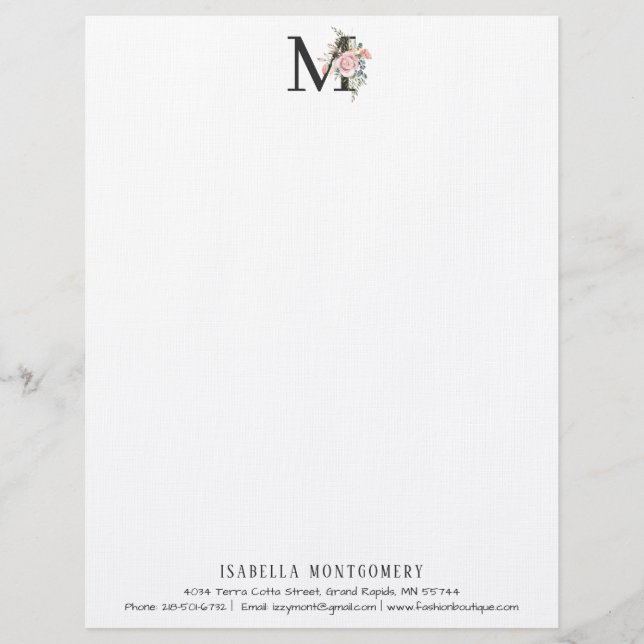 Girly Floral Watercolor Boho | Monogram Custom Letterhead (Front)