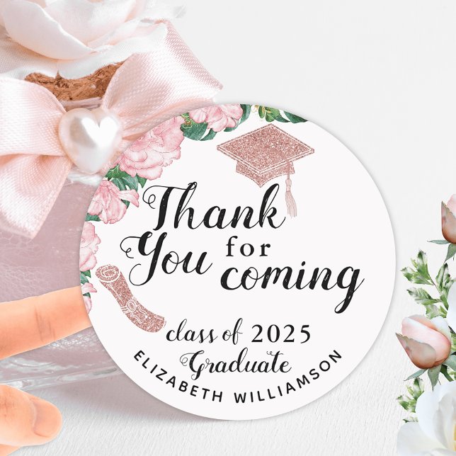 Girly Floral White and Pink Graduation Thank You Classic Round Sticker (Creator Uploaded)
