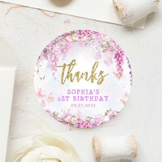 Girly Floral Wisteria Butterfly Birthday Thank You Classic Round Sticker (Creator Uploaded)