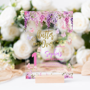 Girly Floral Wisteria Gold Butterfly Kids Birthday Acrylic Invitations