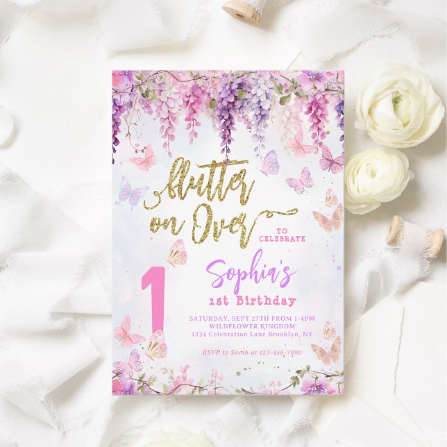 Girly Floral Wisteria Gold Butterfly Kids Birthday Invitation (Creator Uploaded)