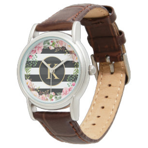 Girly Floral Wrapping Black White Stripes Monogram Watch
