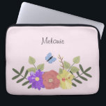 Girly Flowers and Butterfly Pastel Pink Name Laptop Sleeve<br><div class="desc">Pretty floral illustration on pastel pink personalised laptop sleeve (background colour can be changed)</div>