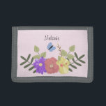 Girly Flowers and Butterfly Pastel Pink Name Trifold Wallet<br><div class="desc">Pretty floral illustration on pastel pink personalised wallet (background colour can be changed)</div>