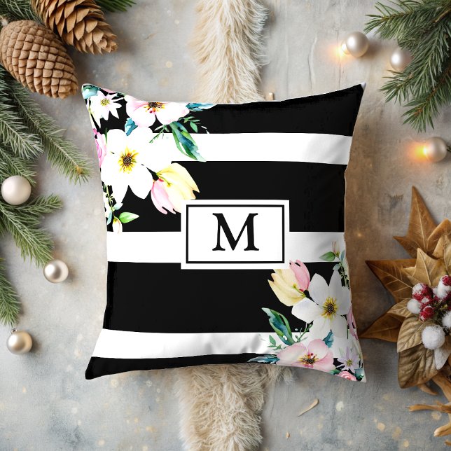 Girly flowers Monogram Black White Striped  Cushion (Creator Uploaded)