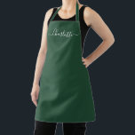 Girly forest green custom script name elegant chic apron<br><div class="desc">Personalised forest green custom modern script name text monogram solid plain colour simple girly stylish elegant chic forest green and white text kitchen Apron. Customise,  personalise it with name,  quote,  phrase,  or text.
Great for cooks,  chefs,  pottery,  ceramics,  crafts,  work,  kitchen,  baking,  bbq,  grill,  etc</div>