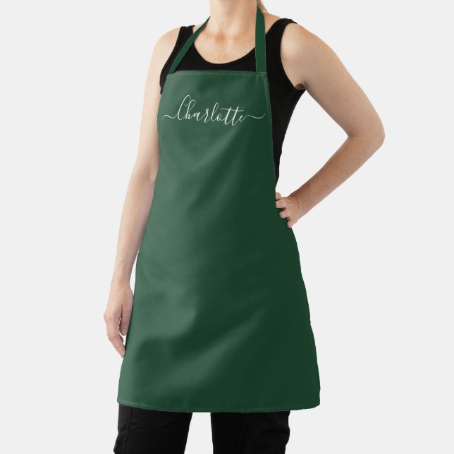 Girly forest green custom script name elegant chic apron (Insitu)